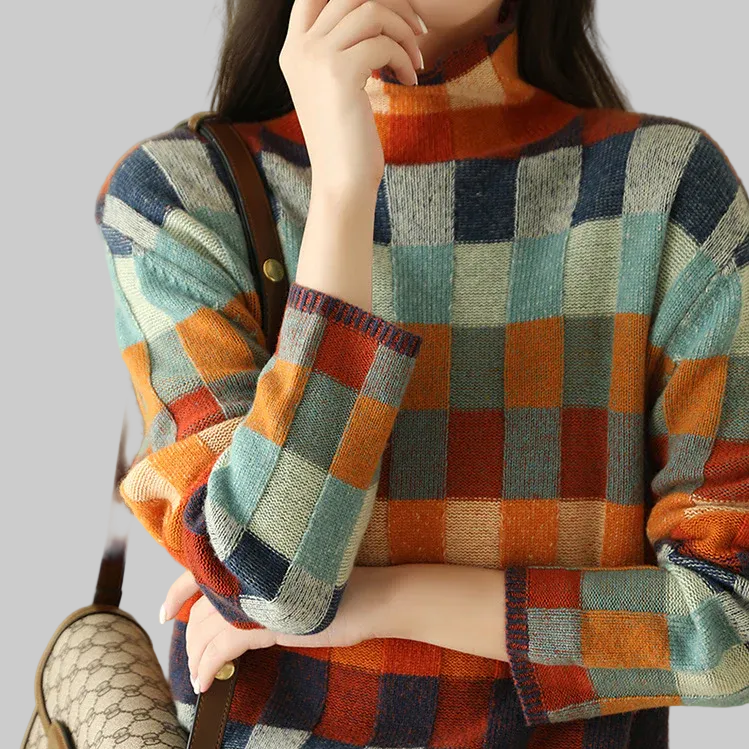 Sophie | Pull en cachemire col montant à carreaux