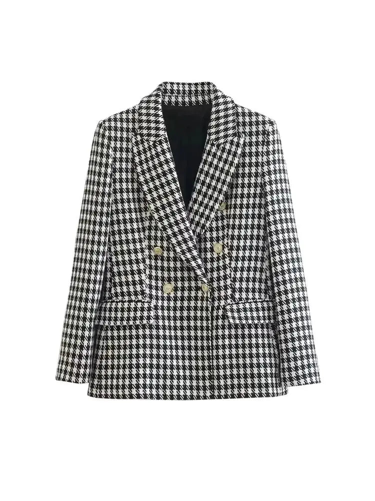 Reve Noir | Blazer Femme Pied-de-Poule Vintage, Double Boutonnage, Élégant