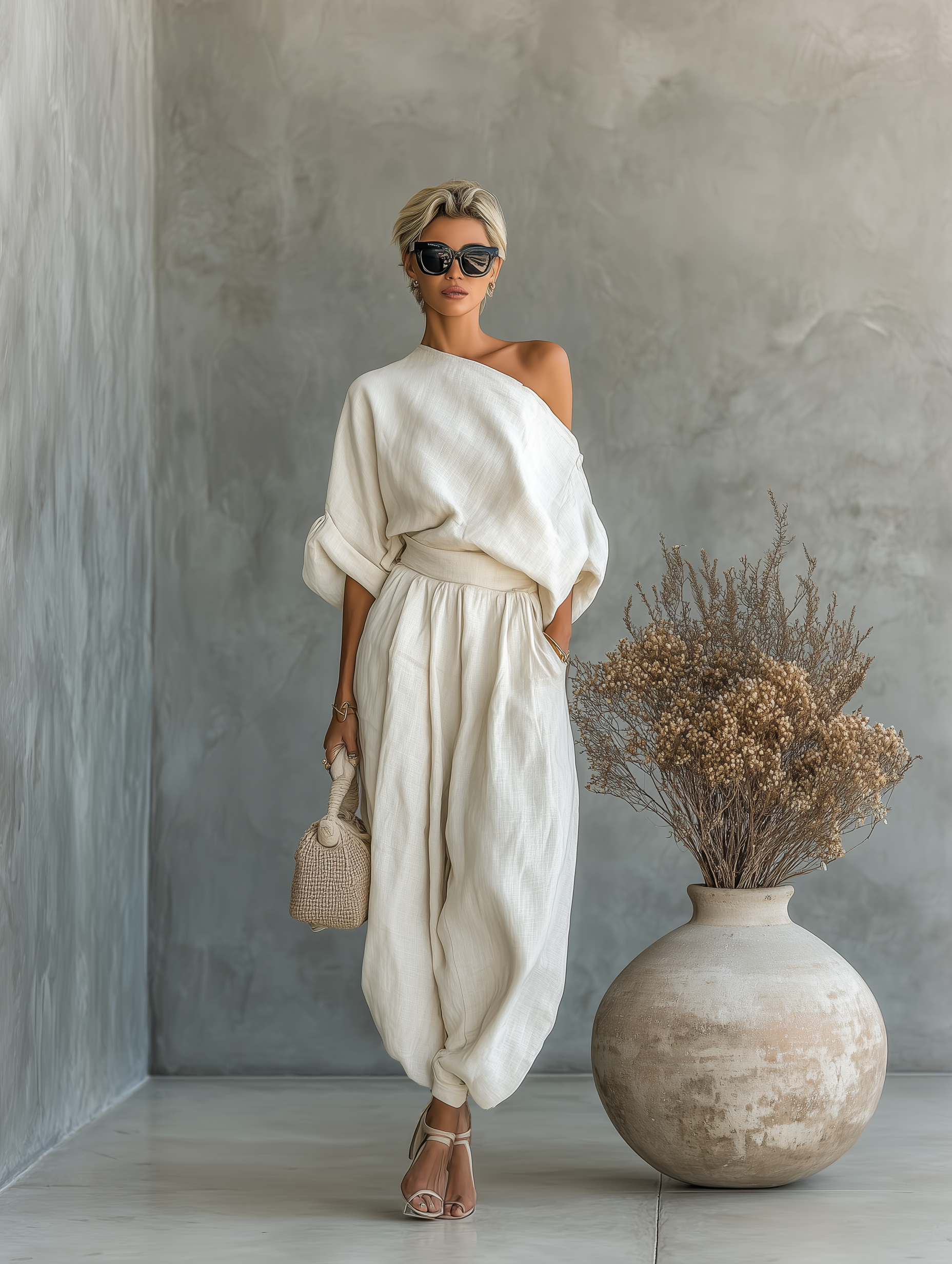 Ensemble Femme en Lin Blanc Cassé avec Top Décolleté Off-Shoulder et Pantalons Tapered
